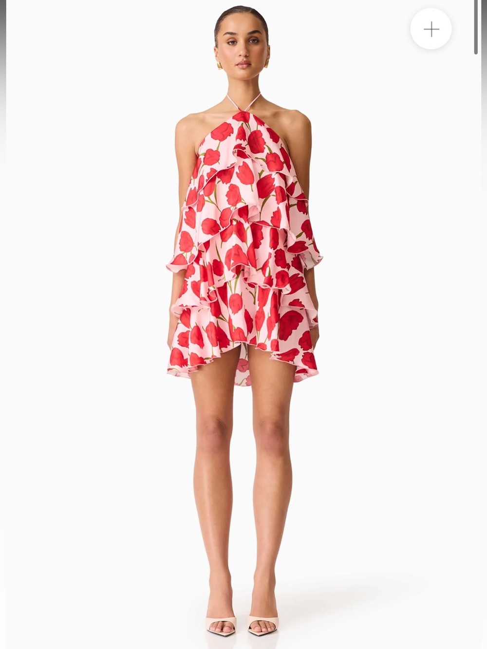 elliatt melia red & pink flower pirnt halter neck tiered frill mini dress small